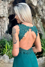 V Neck Split Front Chiffon Long Evening Dress with Elegant Appliques Lace by BIZTUNNEL