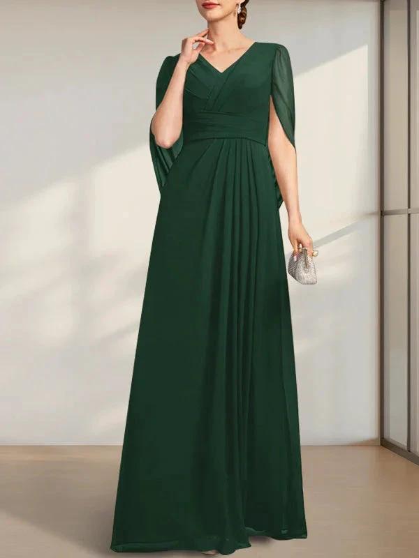 A-line V-Neck Floor-Length Chiffon Mother of the Bride Dress With Pleated by Dreamylily