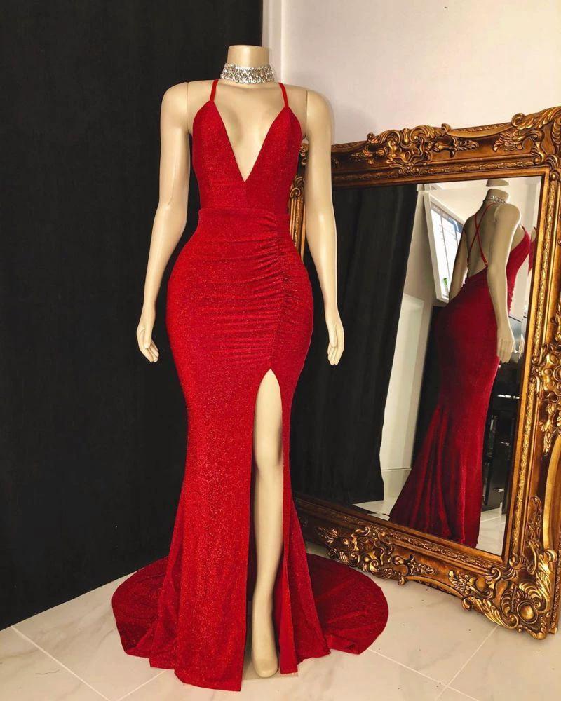 Sleeveless V-neck Halter Prom Dress with Daring Split by BIZTUNNEL