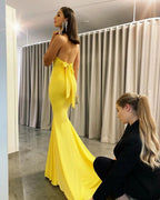 Yellow Long V-neck Backless Mermaid Evening Prom Dress by BIZTUNNEL