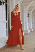 Ladies V Neck Chiffon Long Sleeve Front Slit Bridesmaid Evening Dress Wedding Party Shopping Evening Dress 28109 by numbersea