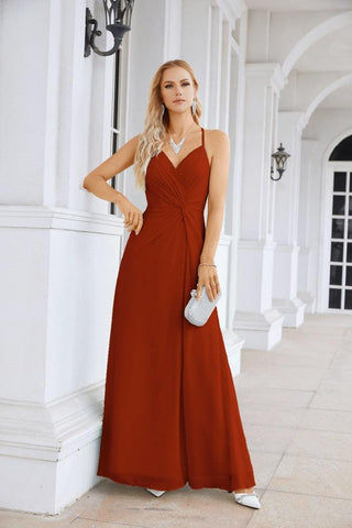 Ladies Chiffon Spaghetti Strap V Neck Front Slit Floor Length Bridesmaid Evening Dress Prom Party Wedding Evening Dress 28116