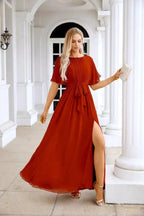 Ladies Chiffon Sleeve Crew Neck Front Slit Floor Length Bridesmaid Evening Dress Wedding Party Evening Dress 28124 by numbersea
