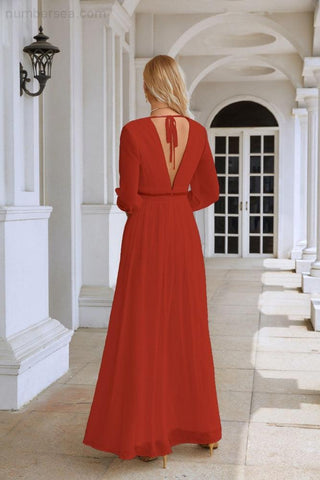 Ladies V Neck Chiffon Long Sleeve Front Slit Bridesmaid Evening Dress Wedding Party Shopping Evening Dress 28109