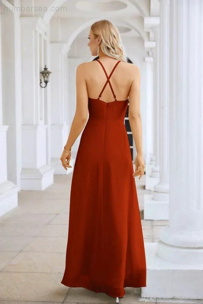 Ladies Chiffon Spaghetti Strap V Neck Front Slit Floor Length Bridesmaid Evening Dress Prom Party Wedding Evening Dress 28116 by numbersea