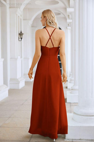 Ladies Chiffon Spaghetti Strap V Neck Front Slit Floor Length Bridesmaid Evening Dress Prom Party Wedding Evening Dress 28116