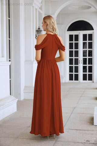 Ladies Chiffon Off Shoulder Swing Sleeve Front Slit Bridesmaid Evening Dress Wedding Party Evening Dress 28117