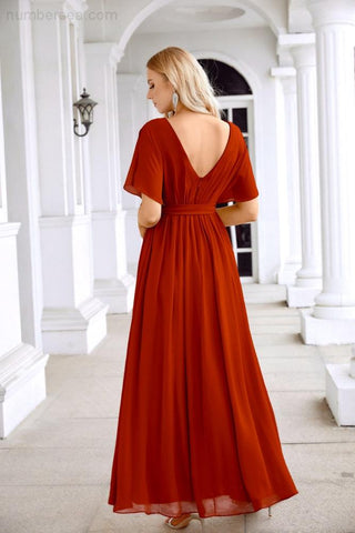 Ladies Chiffon Sleeve Crew Neck Front Slit Floor Length Bridesmaid Evening Dress Wedding Party Evening Dress 28124