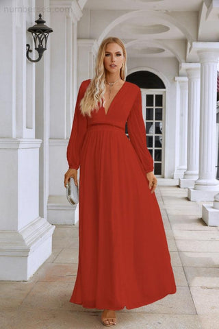 Ladies V Neck Chiffon Long Sleeve Front Slit Bridesmaid Evening Dress Wedding Party Shopping Evening Dress 28109