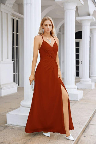 Ladies Chiffon Spaghetti Strap V Neck Front Slit Floor Length Bridesmaid Evening Dress Prom Party Wedding Evening Dress 28116