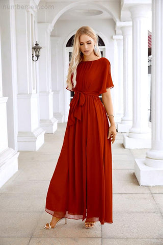 Ladies Chiffon Sleeve Crew Neck Front Slit Floor Length Bridesmaid Evening Dress Wedding Party Evening Dress 28124