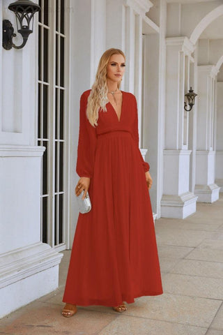 Ladies V Neck Chiffon Long Sleeve Front Slit Bridesmaid Evening Dress Wedding Party Shopping Evening Dress 28109
