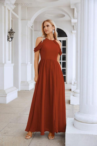 Ladies Chiffon Off Shoulder Swing Sleeve Front Slit Bridesmaid Evening Dress Wedding Party Evening Dress 28117
