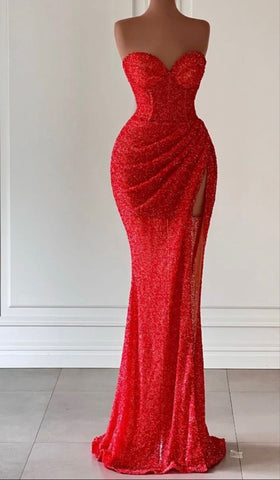 Vestido de noche rojo de sirena con abertura alta Y71