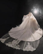 Opulent High-Neck Ball Gown Beaded Mesh Capelet Ruffled Skirt Wedding Dress with Sparkling Train Q6009 by ZAPDRESS