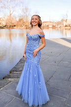 Lavender Off the Shoulder Tulle Appliques Mermaid Long Prom Dresses by Kissprom