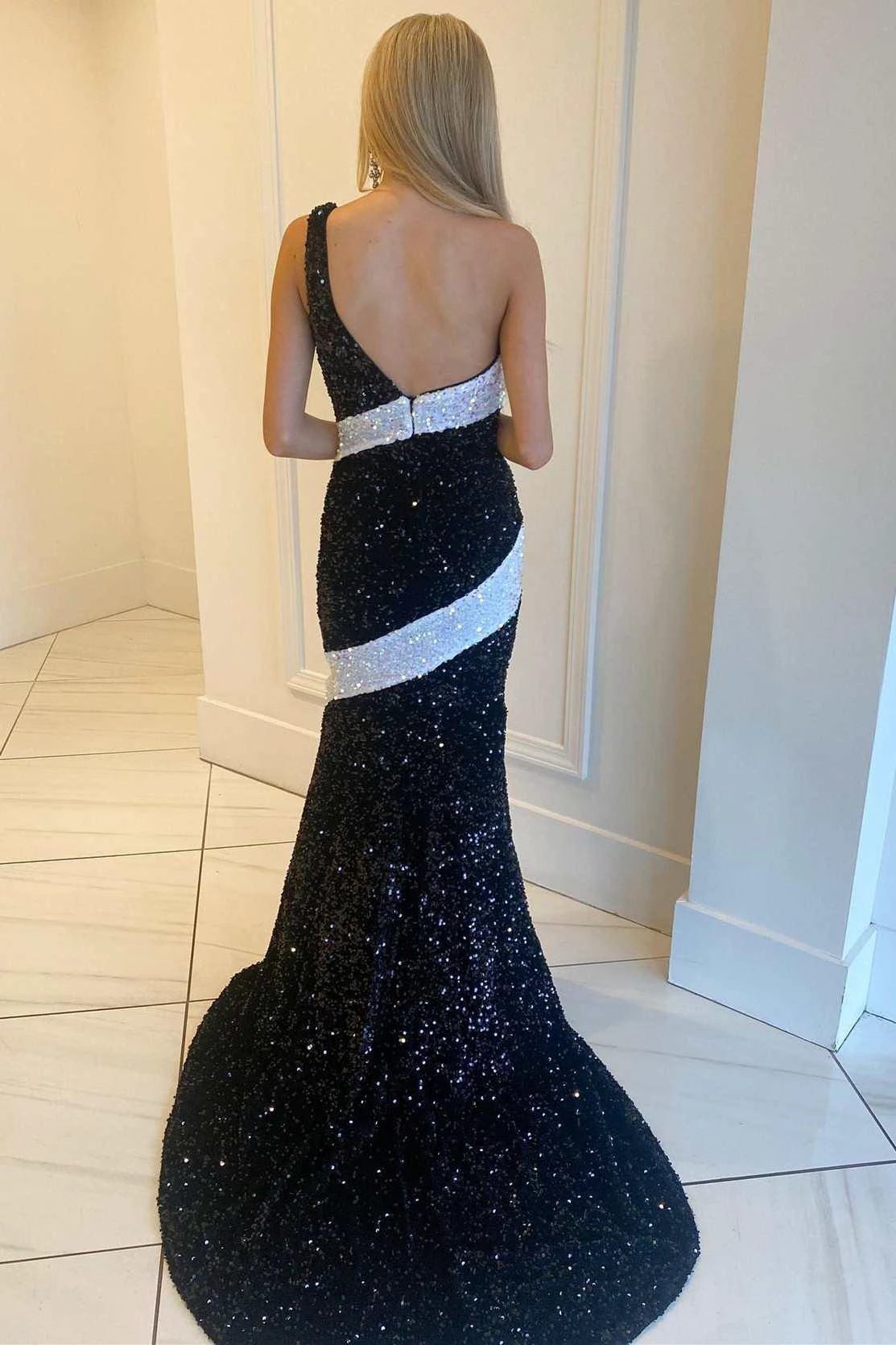 Black and White Sequin One-Shoulder Mermaid Long Prom Gowm by KissProm