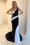 Black and White Sequin One-Shoulder Mermaid Long Prom Gowm by KissProm