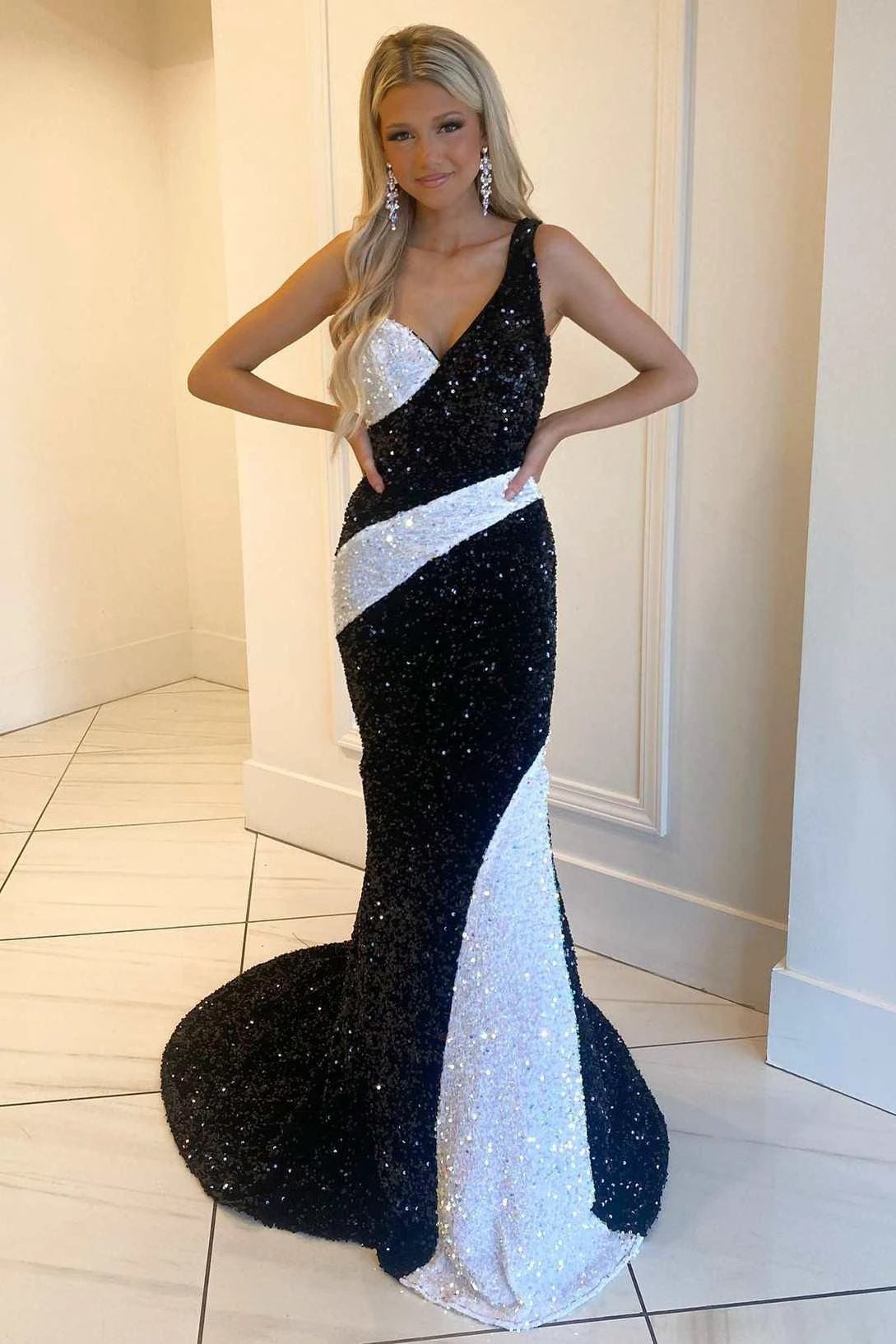 Black and White Sequin One-Shoulder Mermaid Long Prom Gowm by KissProm