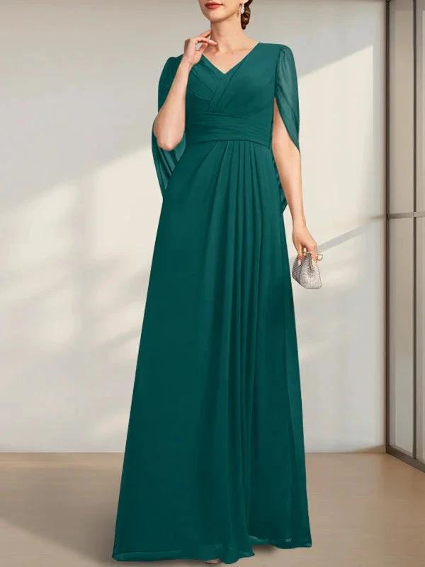 A-line V-Neck Floor-Length Chiffon Mother of the Bride Dress With Pleated by Dreamylily