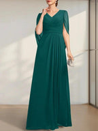 A-line V-Neck Floor-Length Chiffon Mother of the Bride Dress With Pleated by Dreamylily