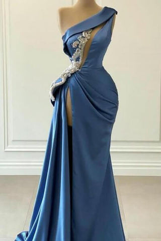 Elegantes langes Meerjungfrau-Abendkleid aus Satin mit einer Schulter und Schlitz