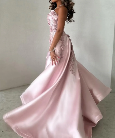 Gorgeous Pink Strapless Satin Appliques Evening Dress Formal Prom Dress Y8427