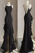 Simple Mermaid Beach Black Evening Dress with Ruffles, Spaghetti Straps Backless Prom Gown Y5652 by simplepromdress