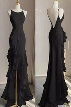 Simple Mermaid Beach Black Evening Dress with Ruffles, Spaghetti Straps Backless Prom Gown Y5652 by simplepromdress