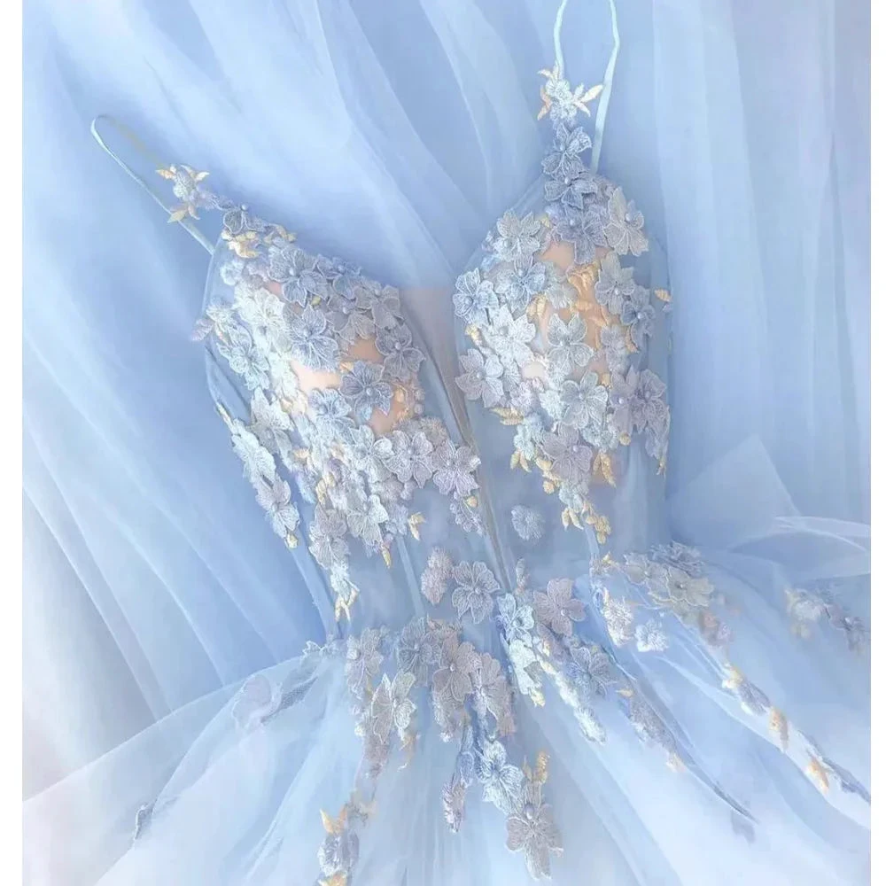 Light Sky Blue Prom Dresses, Handmade Flowers Prom Dresses, Light Sky Blue Evening Dresses Y4002 by simplepromdress
