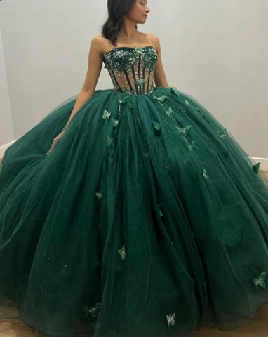 Vestido de tul verde con mariposas, vestido de quinceañera verde Y2344