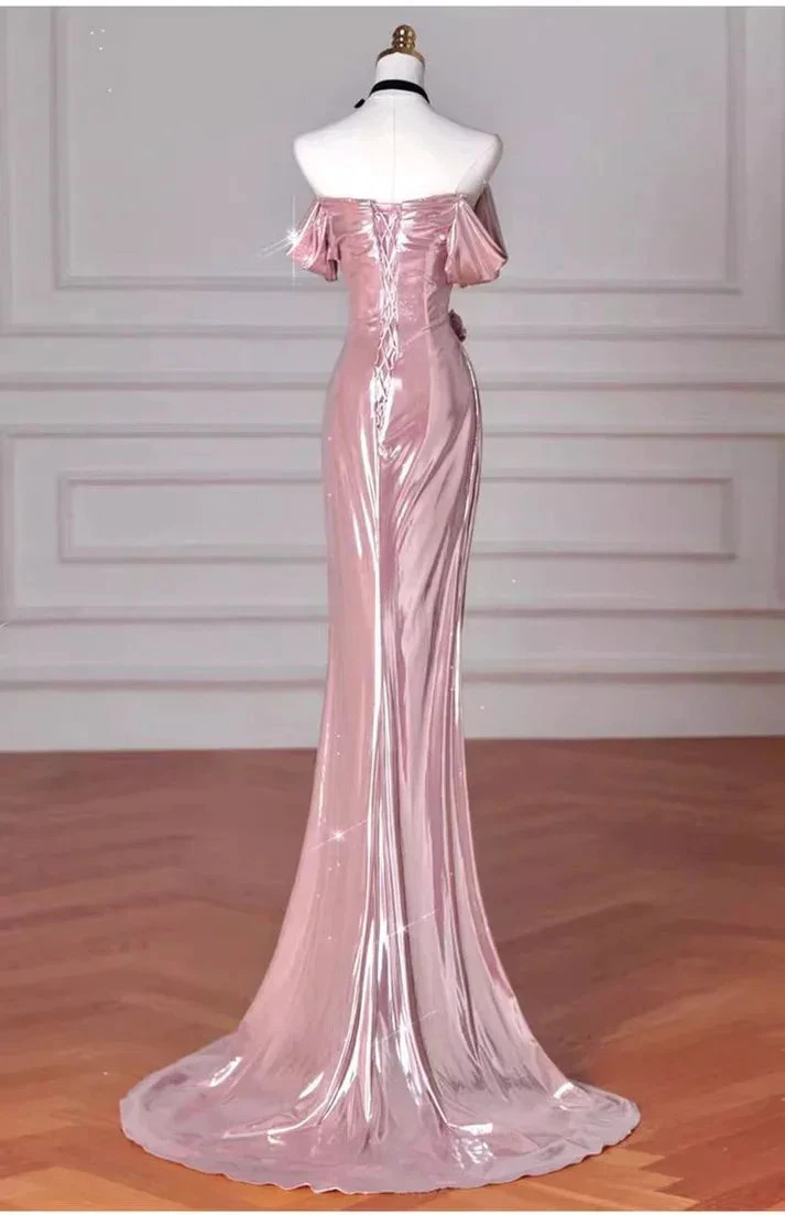 Elegant Mermaid Off Shoulder Long Prom Dress Pink Birthday Evening Dress Y8068 by simplepromdress