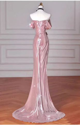 Elegant Mermaid Off Shoulder Long Prom Dress Pink Birthday Evening Dress Y8068