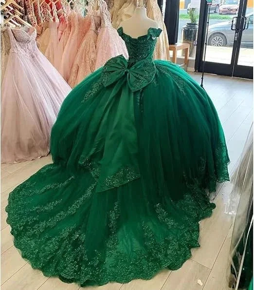 Off Shoulder Lace Tulle Quinceanera Dresses Dark Green Applique Ball Gown Y4080 by simplepromdress