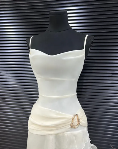 Elegantes weißes Chiffon-Meerjungfrau-Abendkleid, lang, mehrlagig, Ballkleid Y7716