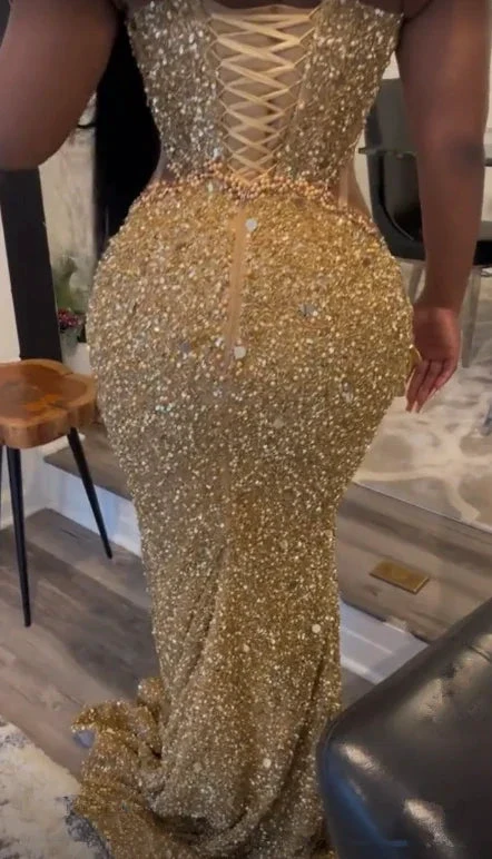 Luxurious Gold Sequins Appliques Evening Dress Mermaid Prom Dress Y7880 by simplepromdress
