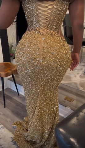 Luxurious Gold Sequins Appliques Evening Dress Mermaid Prom Dress Y7880