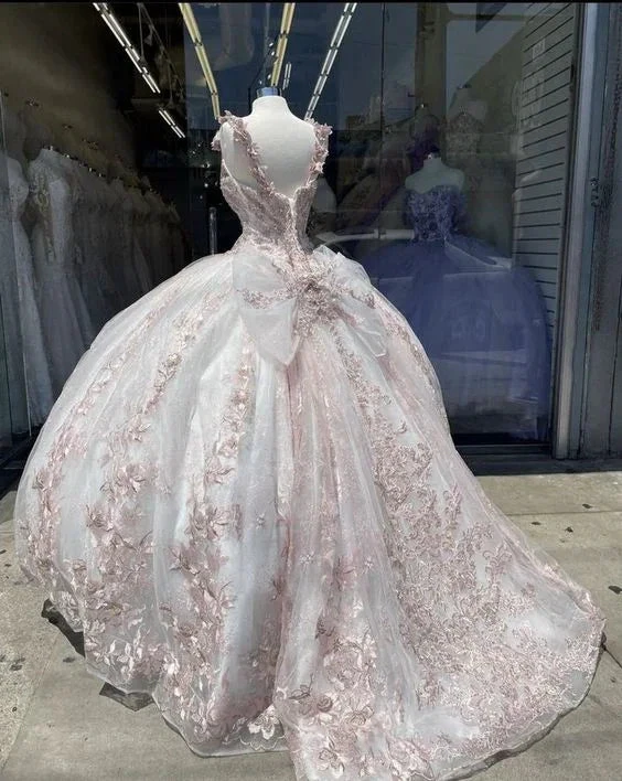 Princess Quinceanera Dress Ball Gown Flowers Appliques Pink White Sweet 16 Party Dress Y6301 by simplepromdress