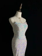 Sparkly White Spaghetti Straps Sequins Prom Dress Mermaid Slit Tassel Evening Dress Y8648 by simplepromdress