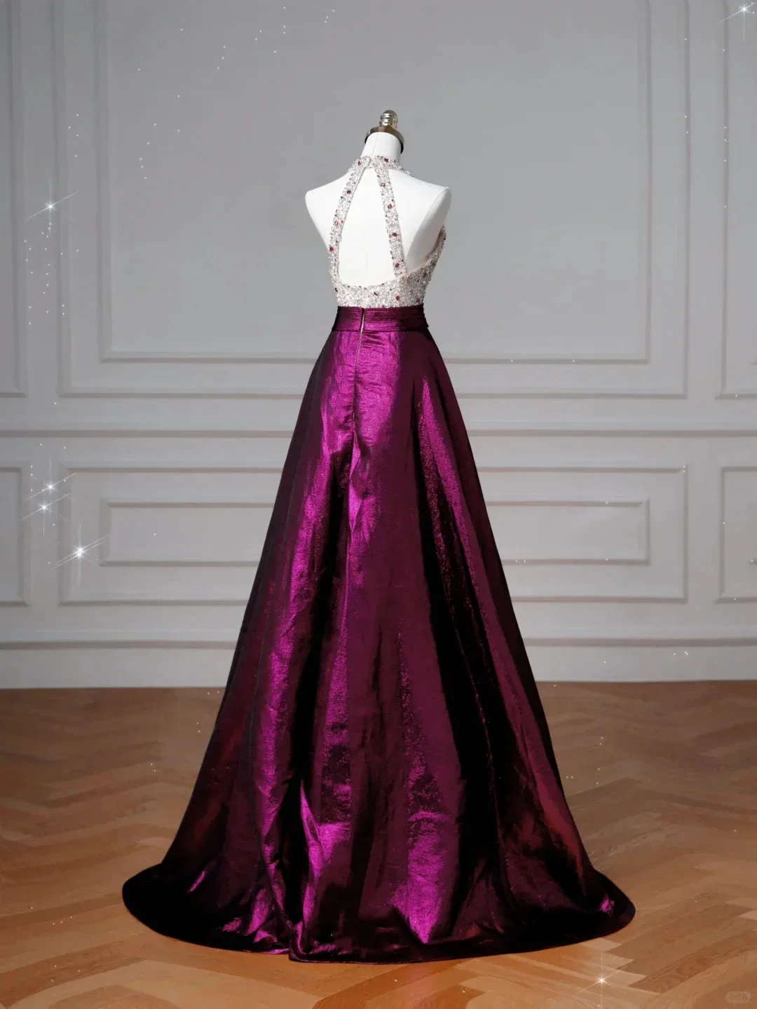 Classy Halter Purple Beaded Satin A Line Prom Dress Long Evening Dress Y8609 by simplepromdress