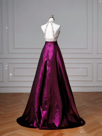 Classy Halter Purple Beaded Satin A Line Prom Dress Long Evening Dress Y8609