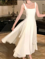 Square Neck White Asymmetric A-Line Long Evening Dress Y2786 by simplepromdress
