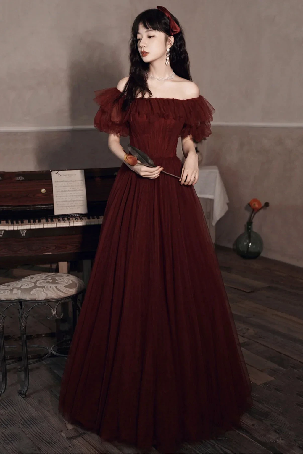 Burgundy Off The Shoulder Tulle Line Prom Dress Evening Dress Y8351 by simplepromdress