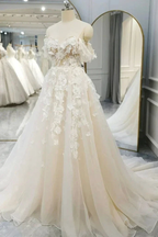 Off Shoulder Light Champagne Tulle Lace Long Wedding Dress Y211 by simplepromdress