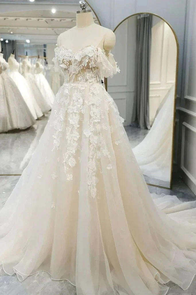 Off Shoulder Light Champagne Tulle Lace Long Wedding Dress Y211 by simplepromdress