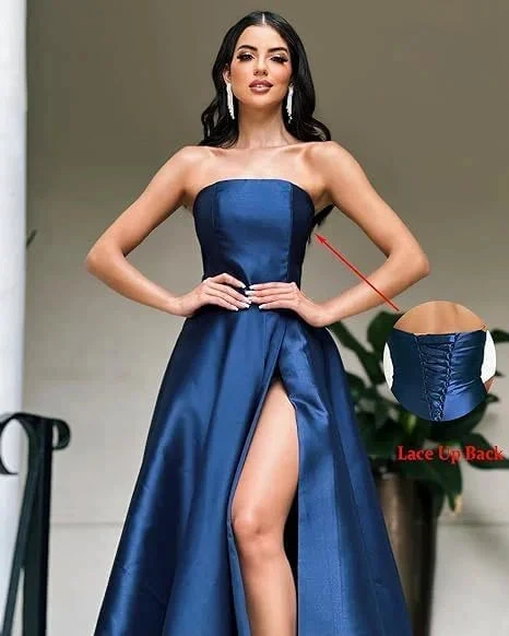 Woman in elegant strapless navy satin evening dress with lace-up back from ZAPDRESS