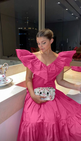 Vestido de noche rosa elegante con escote en V y corte en A, vestido formal rosa Y6131
