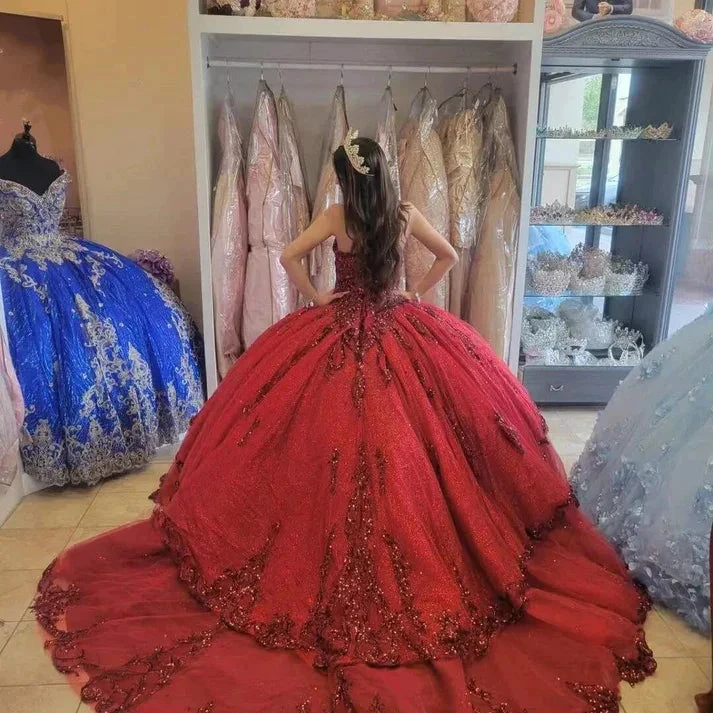 Red New Quinceanera Dresses Sequin Beading Appliques Sweetheart Formal Party Princess Ball Gowns Vestidos Y4257 by simplepromdress