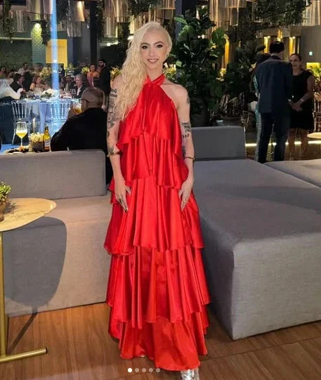 Sexy Halter Red Satin Tiered Prom Dress Formal Long Evening Dress Y8268 by simplepromdress