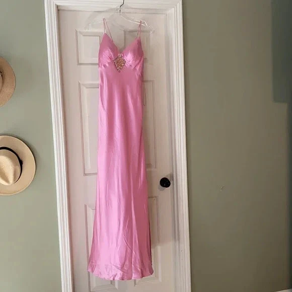 Gorgeous Pink Spaghetti Straps Satin Beaded Evening Dress Long Prom Dress Y8216 by simplepromdress